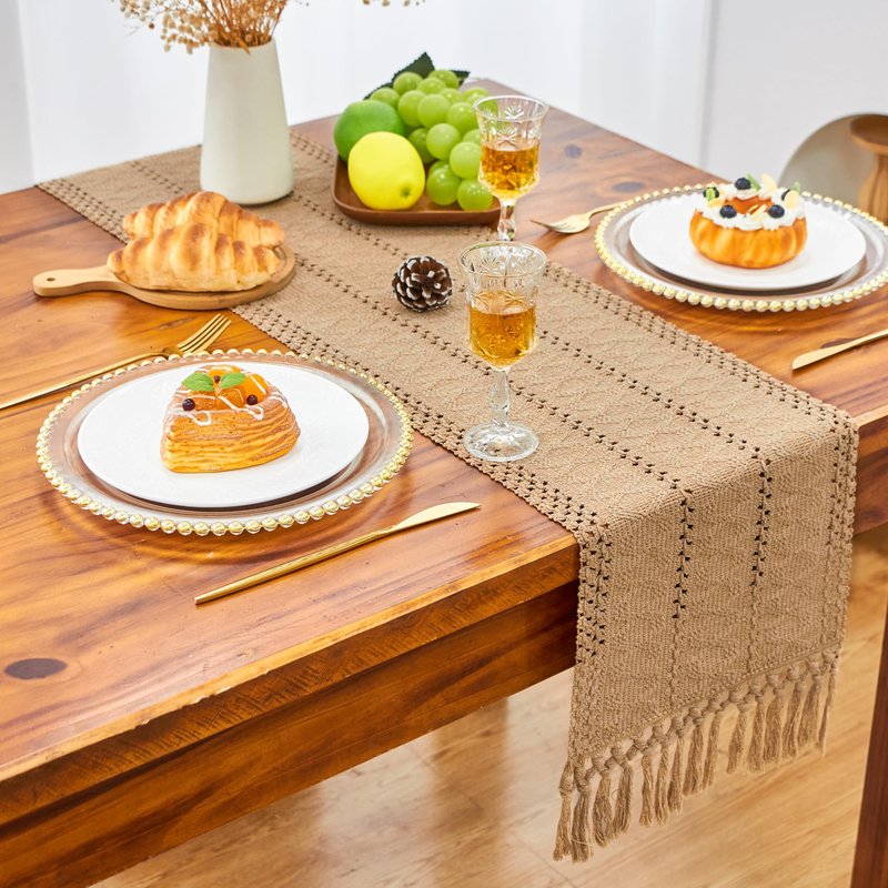 FEXIA Brown Table Runner Boho Burlap Coffee Table Runner with Tassels 90 Inches Long for Farmhouse Home Decor Modern Fall for Bohemian Dining Bedroom Decor Rustic Style (12x90 Inches)
