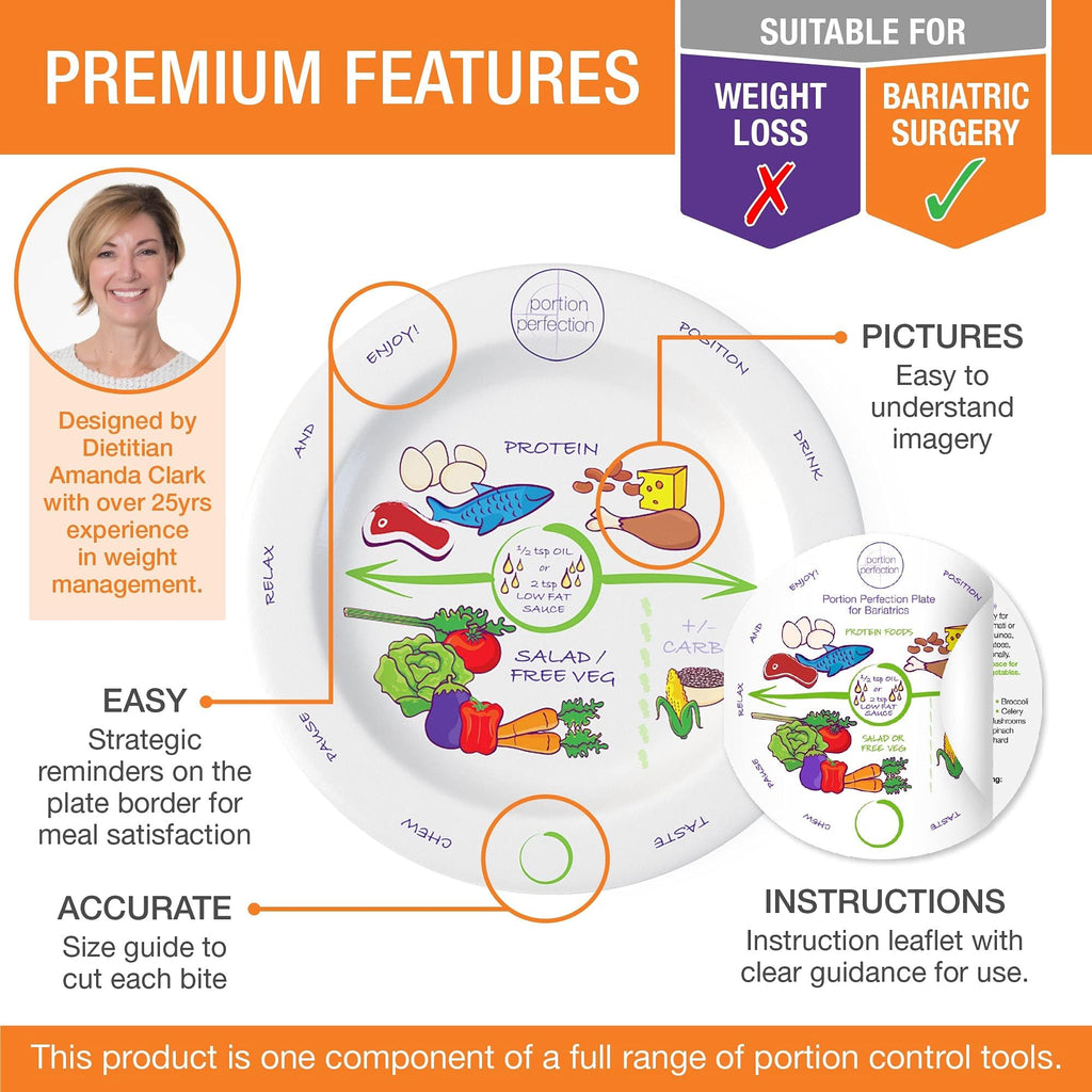 Portion Perfection, 2 Pack MELAMINE Bariatric Portion Control Plate 8”. Get the Bariatric Surgery Must-Haves for Longterm Weight Control to Guide your Gastric Sleeve or Bypass Journey