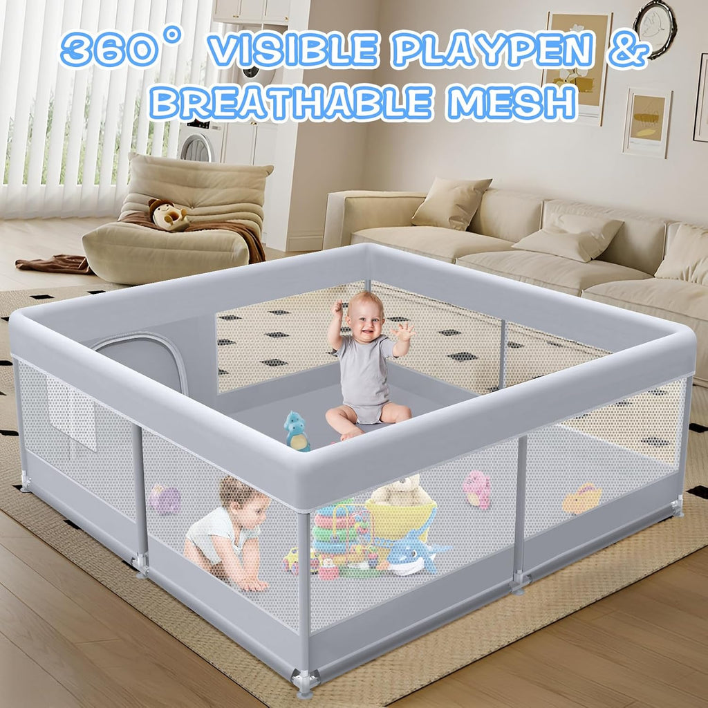 XVISHX Baby Playpen - 50 x 50 Inch Indoor & Outdoor Playard with Soft Breathable Mesh - Grey