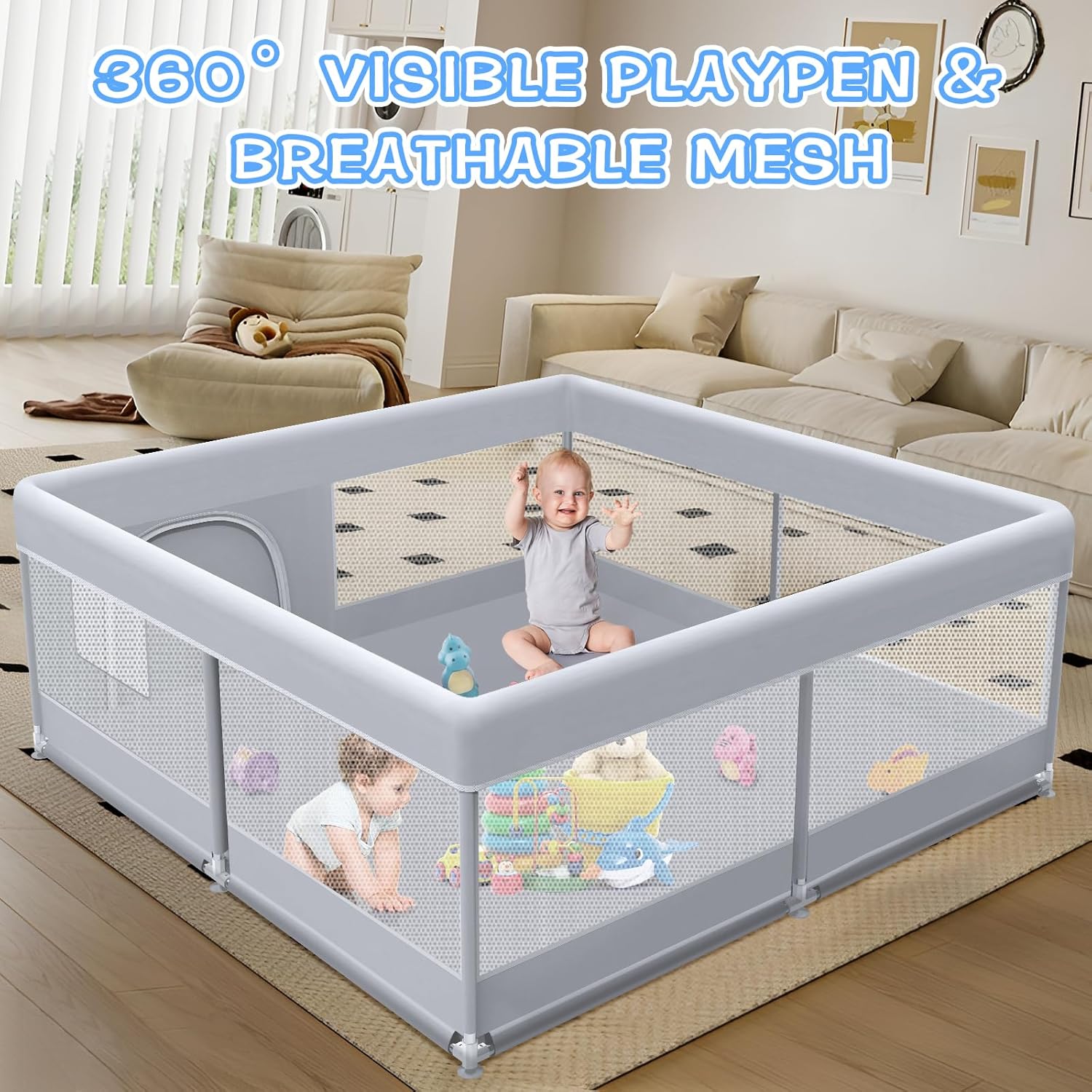 XVISHX Baby Playpen - 50 x 50 Inch Indoor & Outdoor Playard with Soft Breathable Mesh - Grey