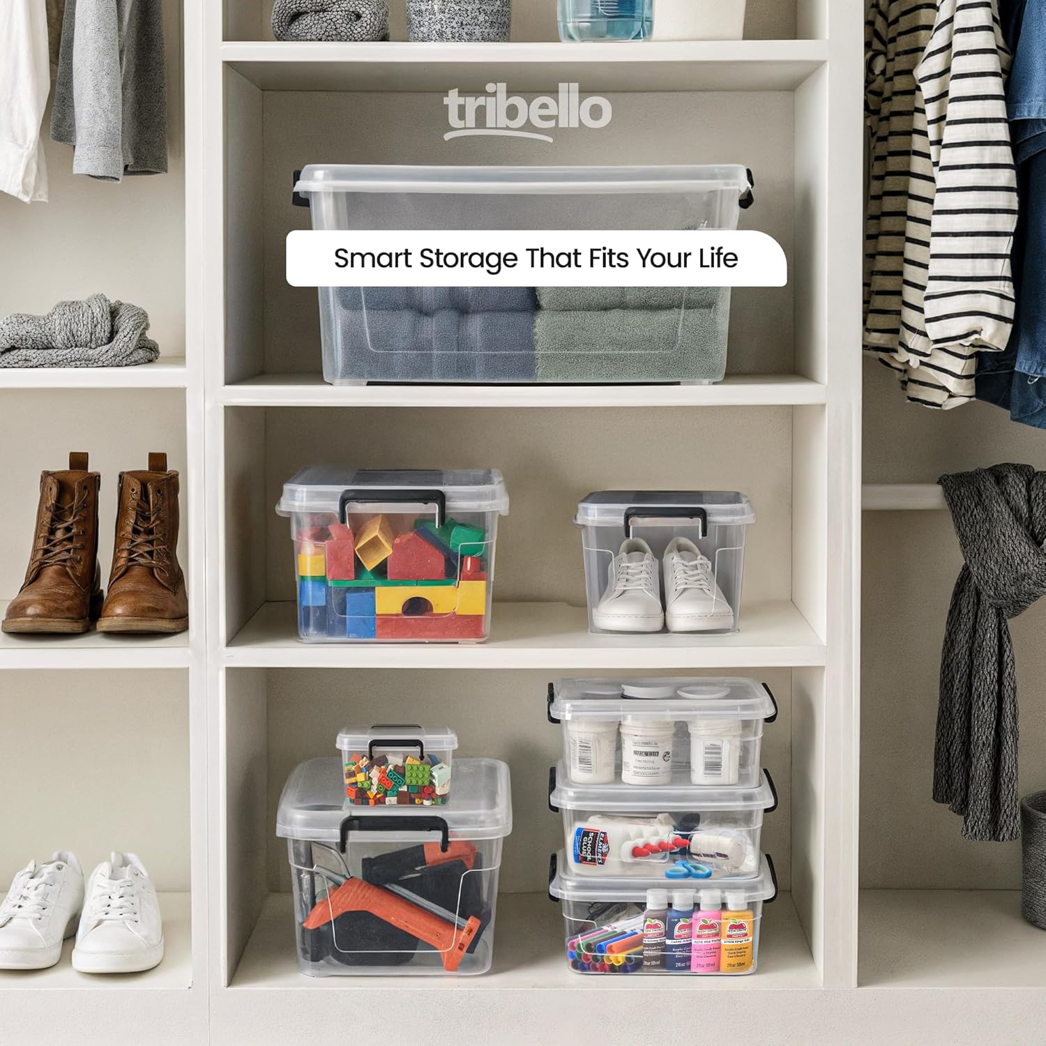 Tribello Storage Bins - Clear Stackable Plastic Containers with Lids | 21 Qt Capacity