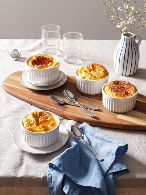 LE TAUCI Ramekins - 6 Oz Ceramic Soufflé Dishes | Oven Safe Custard Cups for Baking & Desserts - Set of 6, White