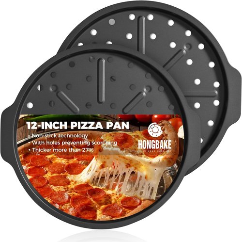 HONGBAKE 12-Inch Nonstick Pizza Pan - 2 Pack with Holes & Widened Handles for Perfect Crusts | Grey