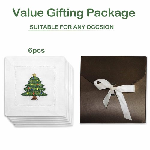 Lauusiusi 100% Linen White Cocktail Napkins Hemstitched with Embroidered Christmas Tree Set of 6 Cloth Beverage Napkin 6"x6" Coasters for Christmas Decoration Dessert Gift Ideas