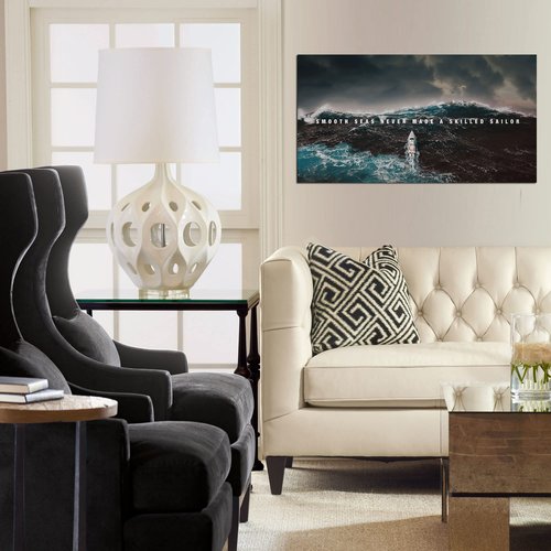 Sea Waves Canvas Prints Wall Art Inspirational Smooth Sea Never Made a Skilled Sailor Wall Art Canvas Print Framed Picture Painting for Office Hallway Home Decor-24"x48"
