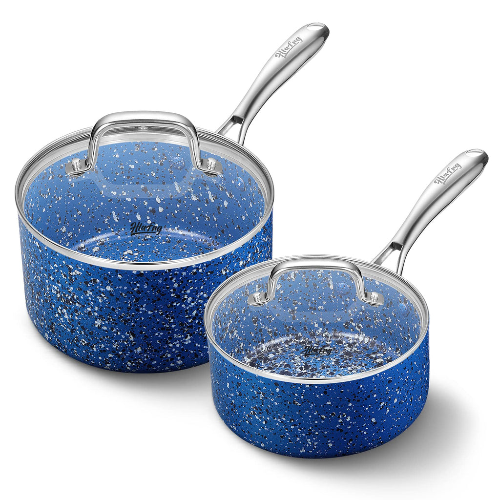 HLAFRG Saucepan Set with Lid, Nonstick 2Qt & 3Qt Pot Set with Lid, Small Pot with Stainless Steel Handle, Natural Granite Nonstick Saucepan Set, Small Sauce Pots, Blue Pot Set - 2Qt & 3Qt