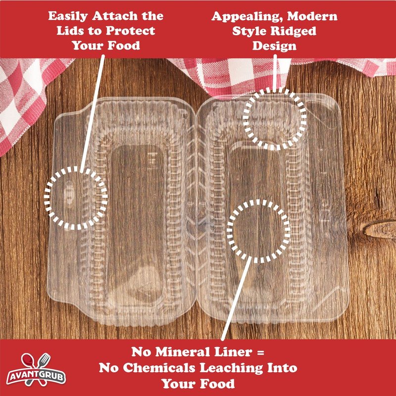 Sturdy, Locking Plastic Hot Dog Trays. 50 Pack. Premium, Disposable Food Presentation Boats for Takeout and to-Go Meals. Made from PET. Ridged Edge Designs Give an Upscale Look