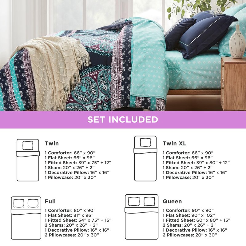 Degrees of Comfort Teen Twin Complete Comforter Sets for Girls, Boho Medallion Tween Bed in A Bag 6 Piece, Blue Microfiber Bedding Set with Sheets, Matching Decorative Pillow
