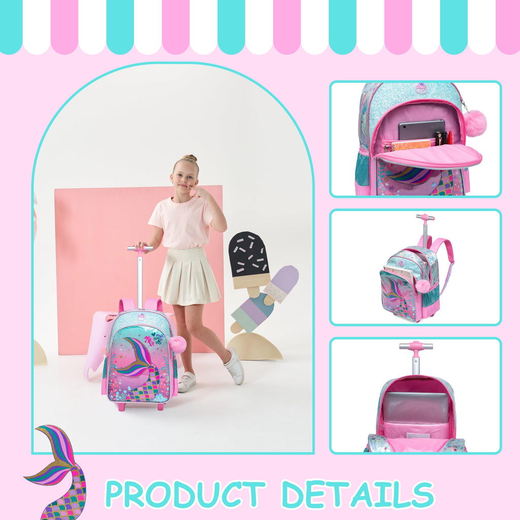 ZBAOGTW Mermaid Rolling Backpack for Girls with Lunch Box Kids Backpack with Wheels for School Cute Kids Rolling Backpacks for Girls Kindergarten