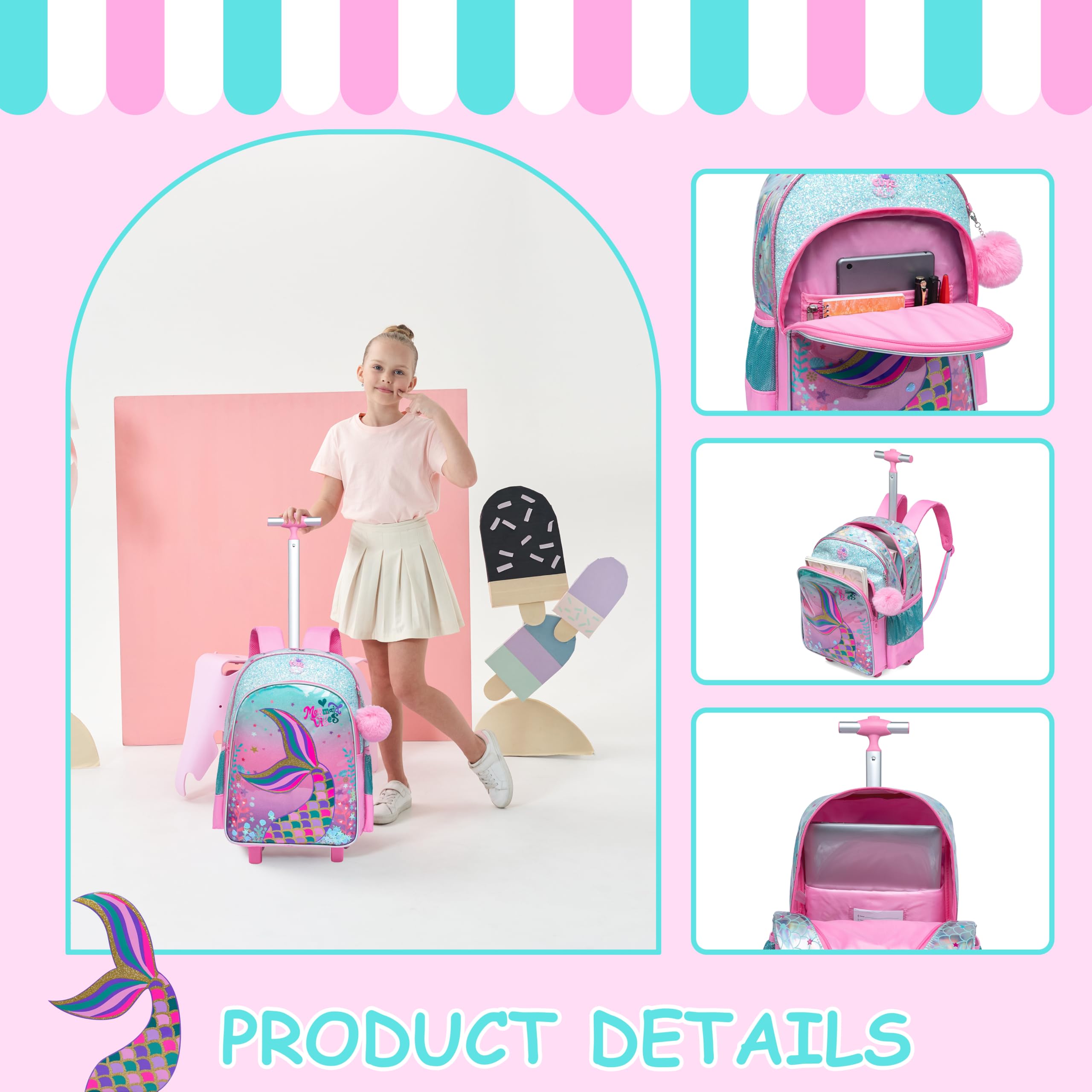 ZBAOGTW Mermaid Rolling Backpack for Girls with Lunch Box Kids Backpack with Wheels for School Cute Kids Rolling Backpacks for Girls Kindergarten