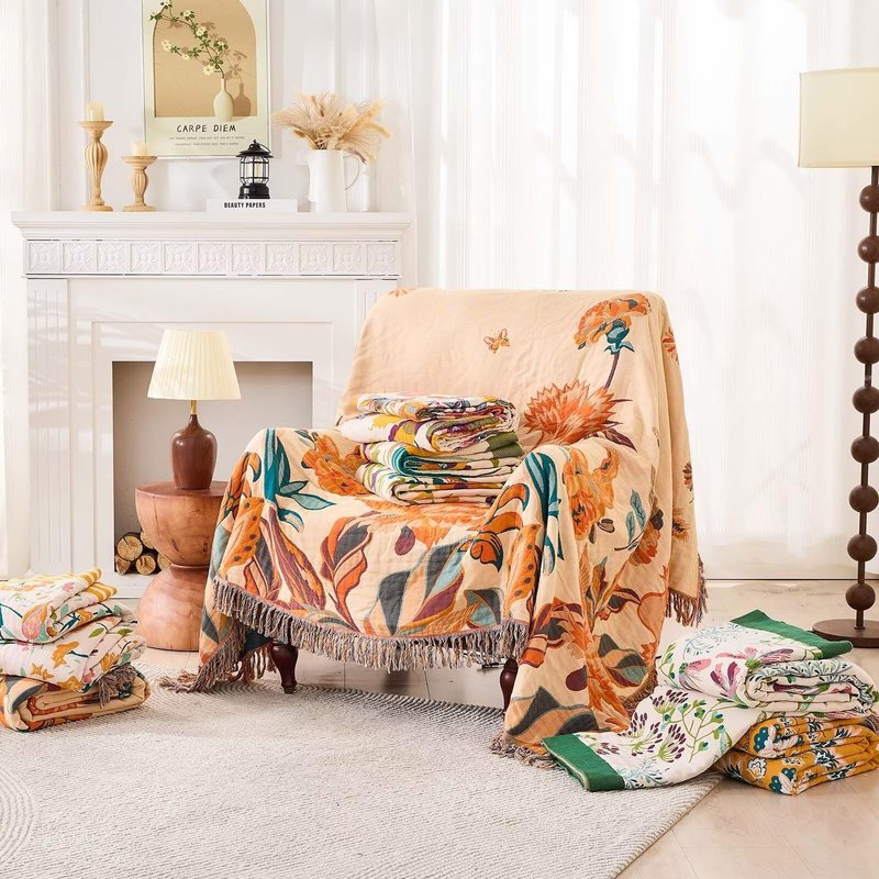 XIBLC Boho Throw Blanket for Bed, 100% Cotton Soft Rustic Quilt Fall Blanket, 80" 90" Floral Printed Farmhouse Decor Bed Blankets, All Season Rustic Reversible Bohemian Throw Quilt