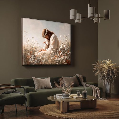 Jesus and the Lamb Canvas Wall Art - Christian Decor for Bedroom & Living Room | Framed Religious Print