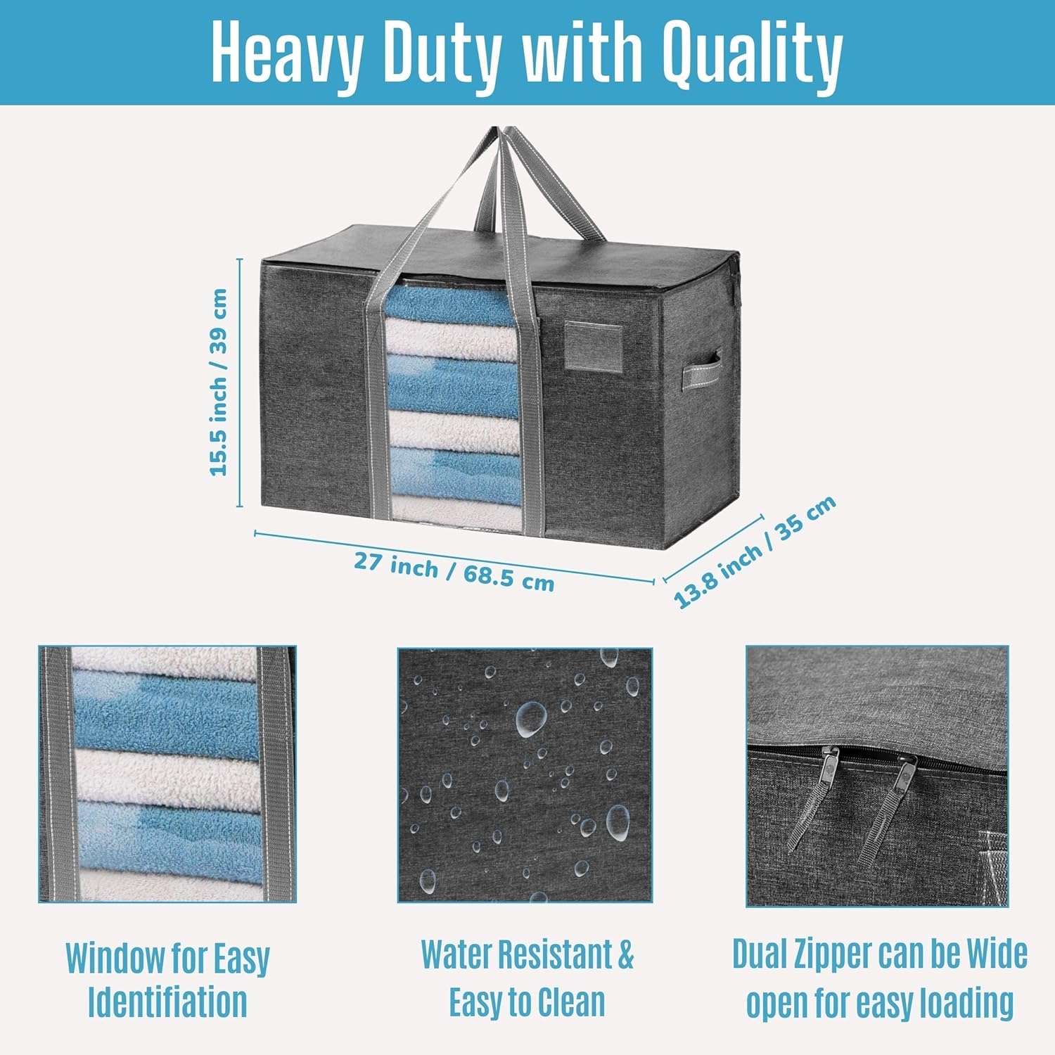 VENO Moving Bags - Heavy Duty Storage Bins with Clear Window & Zippers | Extra Large Totes for College Dorm Clothes (Dark Gray)