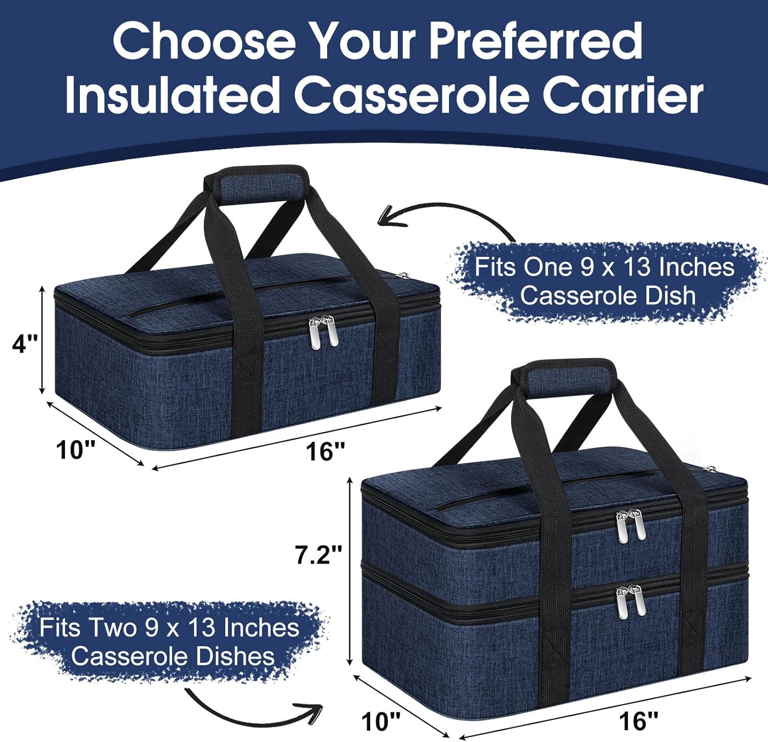 Skiennix Insulated Casserole Carrier - Portable Lunch Tote for Hot/Cold Food | Fits 9" x 13" Dish - Navy Blue