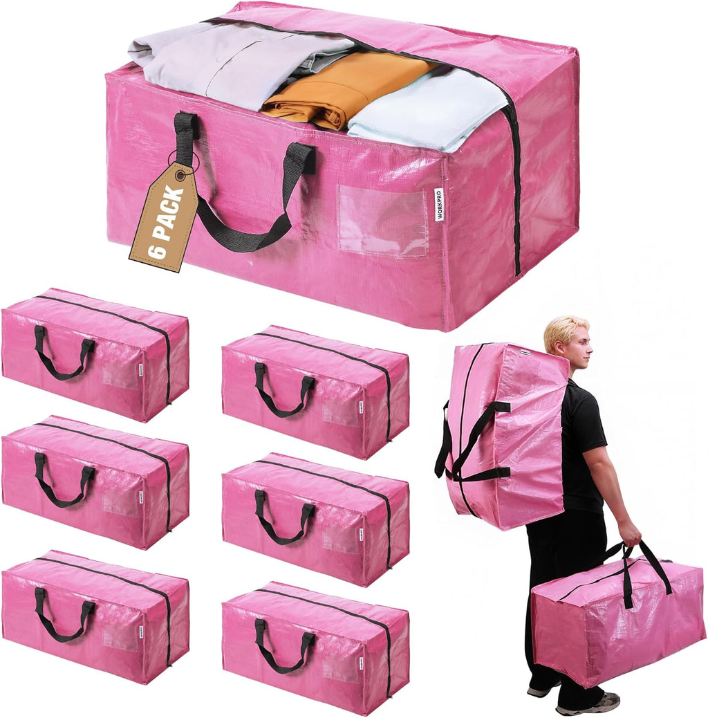 WORKPRO Extra Large Moving Bags - Heavy-Duty Storage Totes with Zippers & Carrying Straps (Pink)