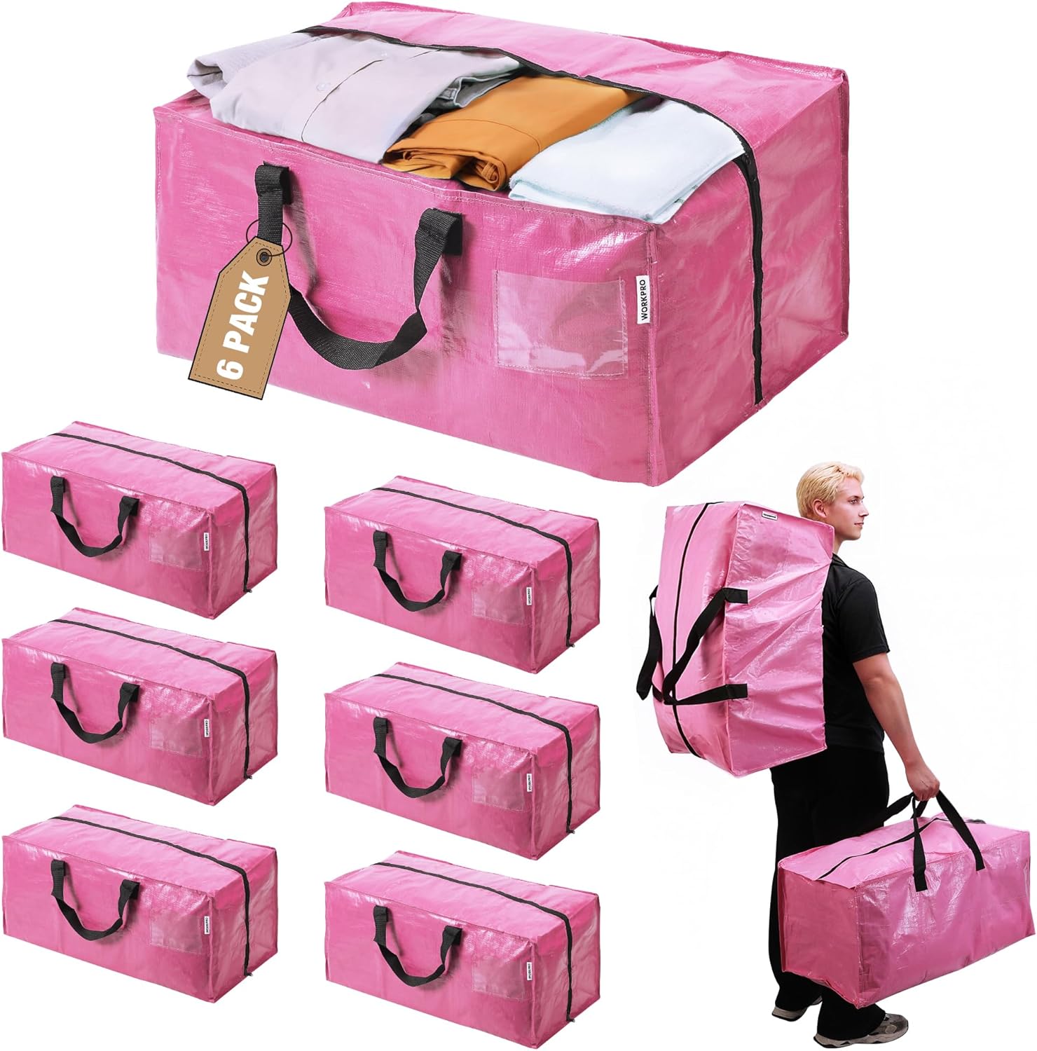 WORKPRO Extra Large Moving Bags - Heavy-Duty Storage Totes with Zippers & Carrying Straps (Pink)