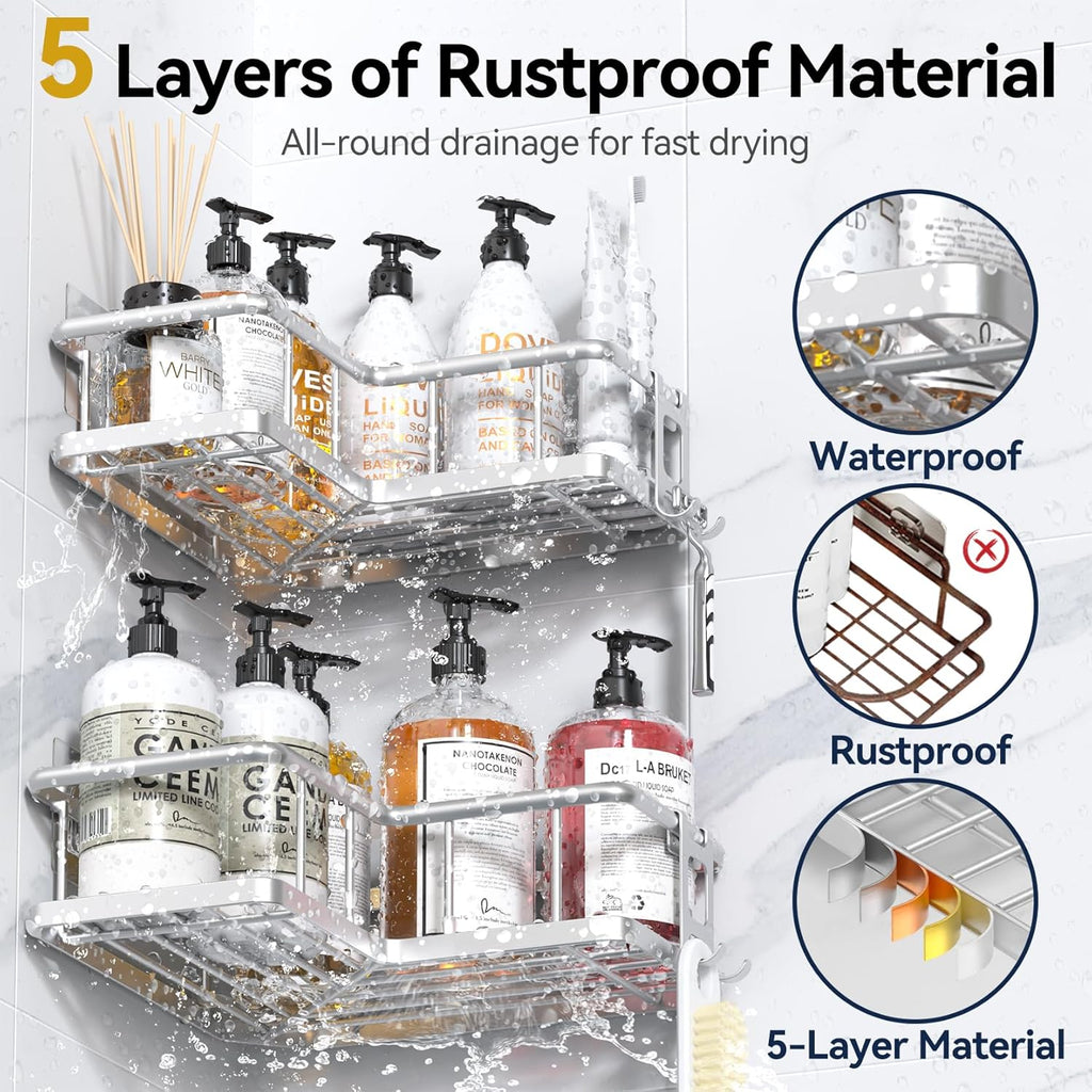 YASONIC Shower Caddy | 2-Pack Rustproof Stainless Steel Corner Shelves with Soap Holder - Silver