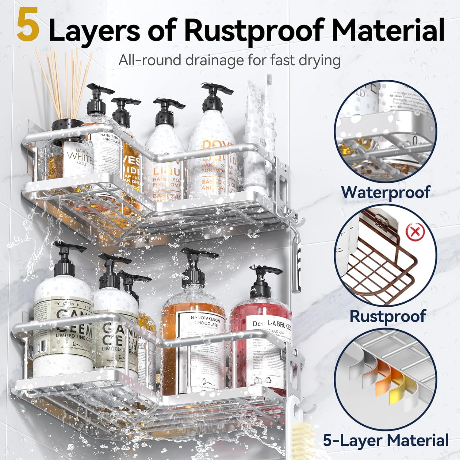 YASONIC Shower Caddy | 2-Pack Rustproof Stainless Steel Corner Shelves with Soap Holder - Silver