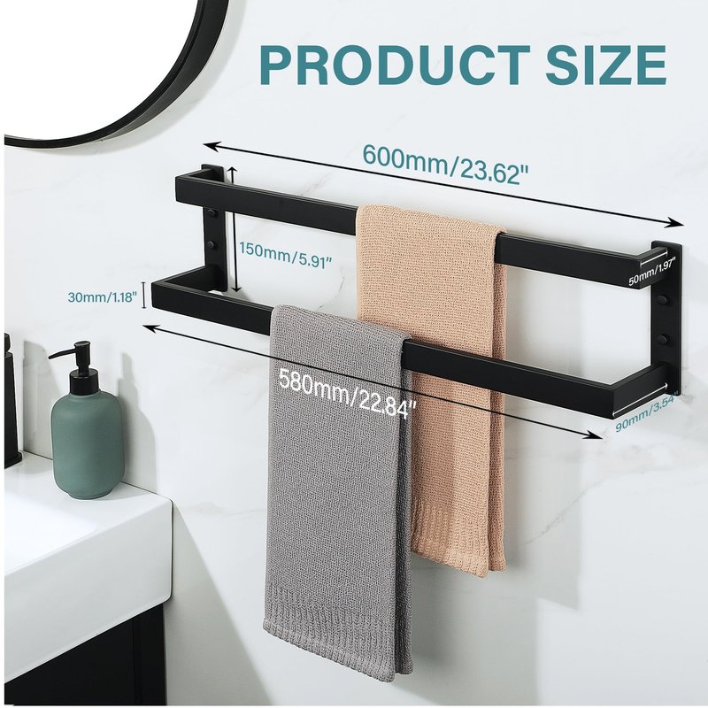Alise Double Towel Bar, 24" Towel Racks for Bathroom Wall Mounted SUS304 Stainless Steel, Heavy Duty Bathroom Towel Holder, Quick Drying Towel Hanger, Matte Black