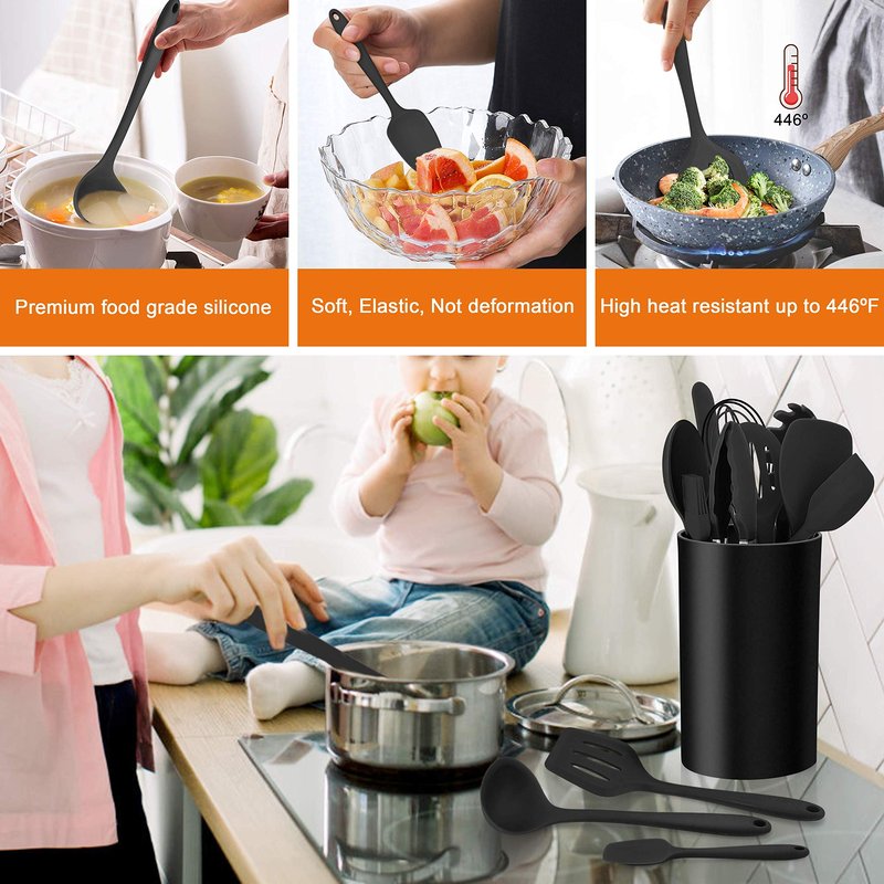 LIANYU 14 Pcs Silicone Kitchen Utensils Set with Holder, 446°F Heat Resistant Silicone Cooking Kitchen Utensils Spatula Set, Non-Stick & Dishwasher Safe Cooking Tools, Comfort Grip Handle, Black