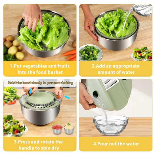 SODPE Stainless Steel Salad Spinner Large with 5 Blades Slicer, Lettuce Washer Spinner and Dryer, Vegetable Fruits Chopper Bowl, Egg Yolk Strainer Comes with Dipping Saucers and Clip, 5.3Qt