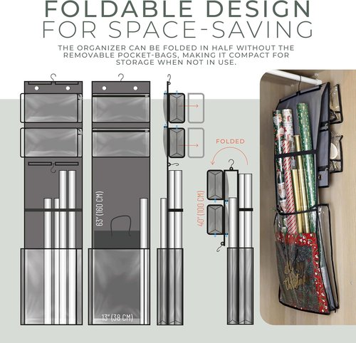 Gift Wrap Organizer by Wrapping Paper - Double-Sided Vertical Holder with 4 Zipper Bags & Hooks | Space-Saving Storage for Rolls & Ribbons