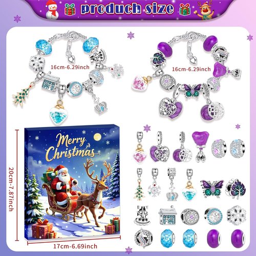 Advent Calendar 2025 - Kids' Christmas Countdown with 22 DIY Charm Beads & 2 Bracelets | Purple