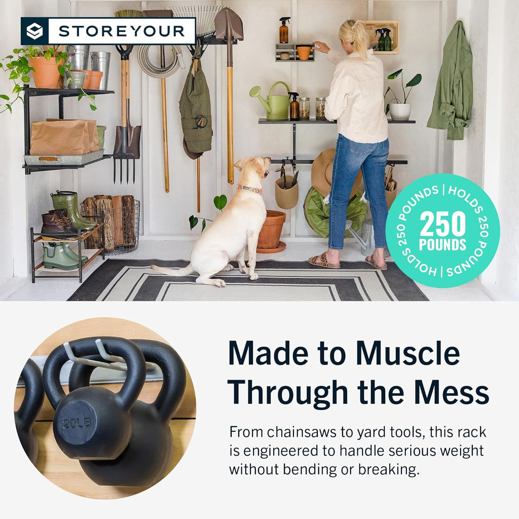 StoreYourBoard 36" Garage Tool Organizer Wall Mount - Heavy Duty Garden Tool Storage Rack with 4 Hooks for Rakes & Shovels