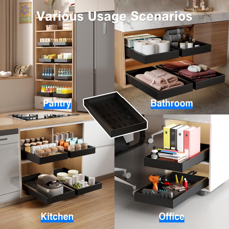Mustorn 2 Pack Pull Out Cabinet Organizer,21.8" Deep Slide Out Drawer for Cabinets Adhesive Pull Out Drawers Heavy Duty Pull Out Shelves for Kitchen,Cupboard,Pantry,Bathroom-Black