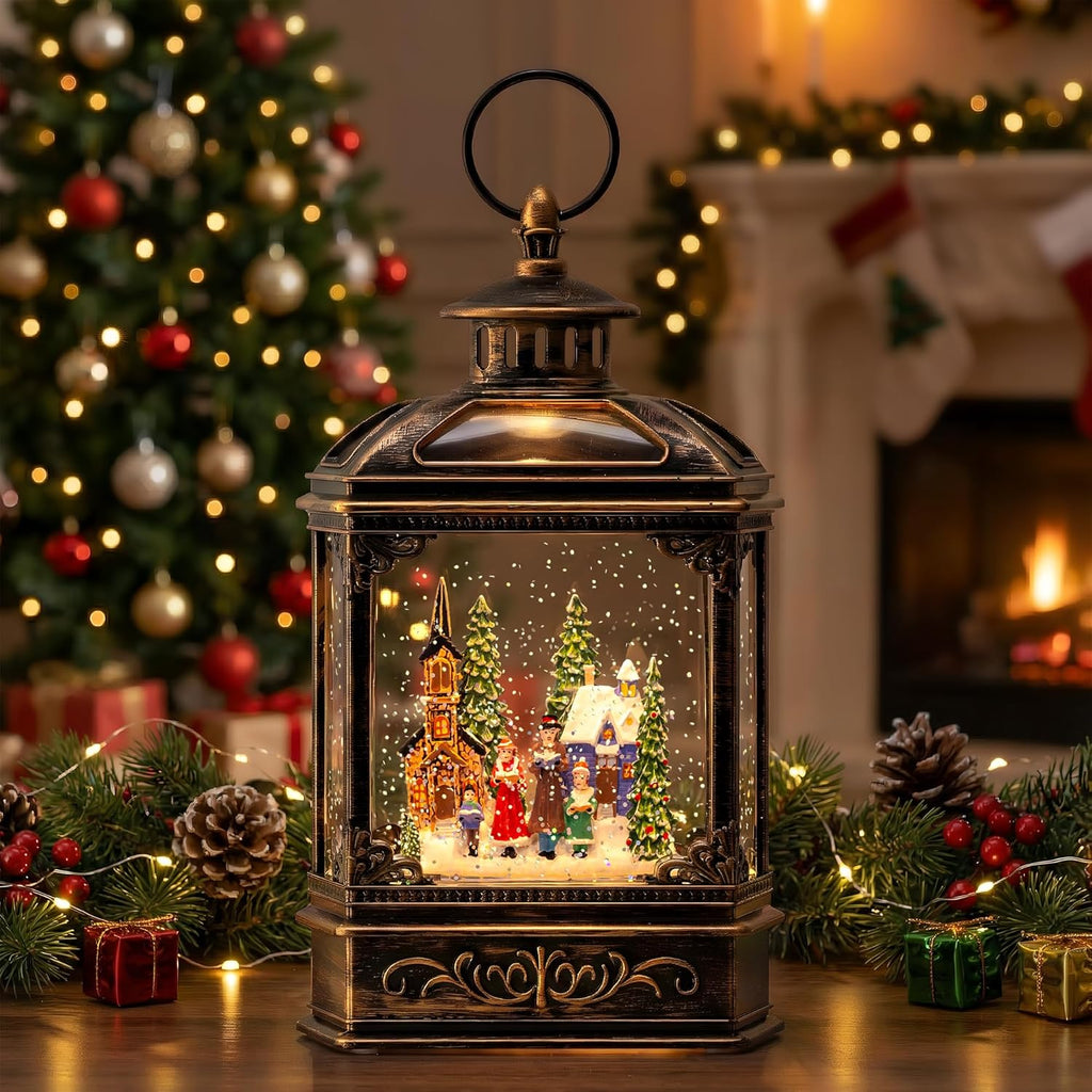 VISFLAIR Musical Snow Globe Lantern | Lighted Church Carolers Christmas Decoration - Battery or USB Powered