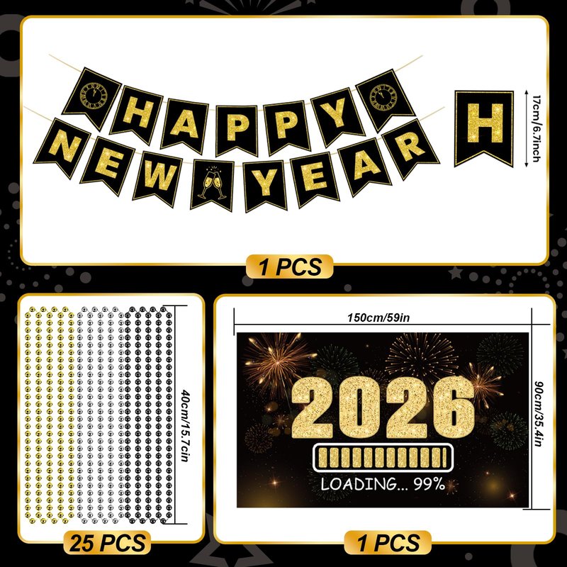 New Years Eve Party Supplies 2026 - Happy New Year Party Supplies Kit for 50 Guests, Including Hats, Glasses, Les, Beads, Squakers, a Backdrop and a Banner, Great New Yeras Decorations