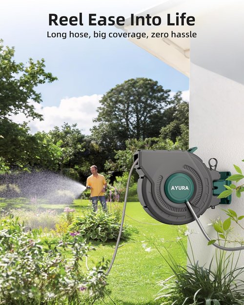 AYURA Retractable Garden Hose Reel - 100 ft x 1/2 Inch | Heavy-Duty Automatic Design with Kink-Free Rewind
