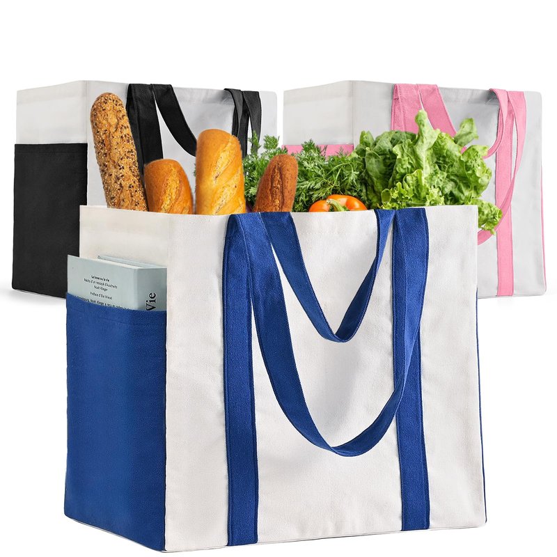 Canvas Grocery Shopping Bags, KIDJFGG Heavy Duty Cotton Canvas Totes with Reinforced Handles, Large Reusable Bag with Bottle Sleeves & Side Pockets, Foldable, Sublimation Bag for Picnic/Beach (3 Pack)