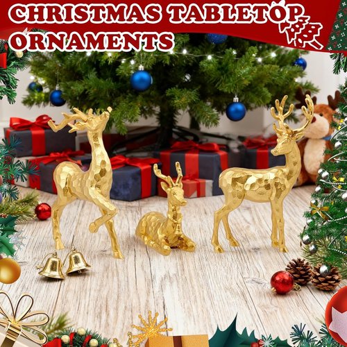 Exasinine Gold Reindeer Decor - 3 PCS Christmas Figurines for Holiday Indoor Decorations | Centerpieces & Ornaments
