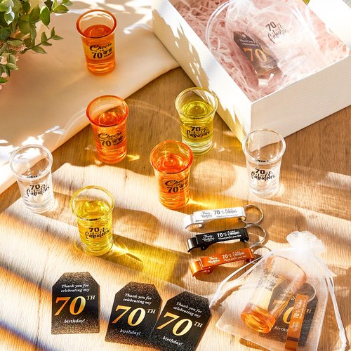 Domensi 50 Sets 70th Birthday Party for Guests Bulk Include Cheers to 70 Short Glasses Beer Bottle Opener Keychains Thank You Cards with Gift Bags and Ropes for Birthday Party Gifts