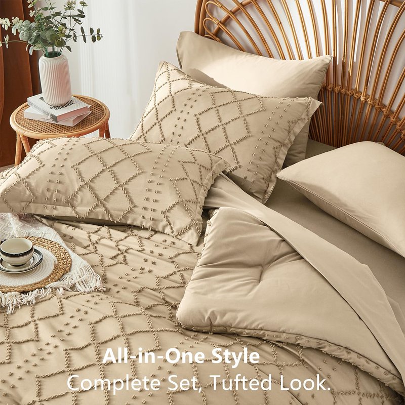 ALAOOKKA Khaki Tufted Comforter Set Queen Size 7 Piece Bed in a Bag,Shabby Chic Boho Comforter and Sheet Set,All Season Soft Microfiber Complete Bedding Set(Khaki,90"x90")