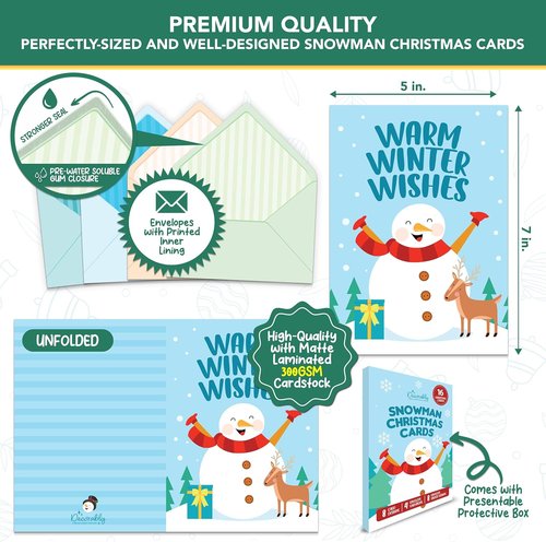 Decorably 16-Pack Snowman Christmas Cards - 5x7in Holiday Designs with Envelopes & Stickers