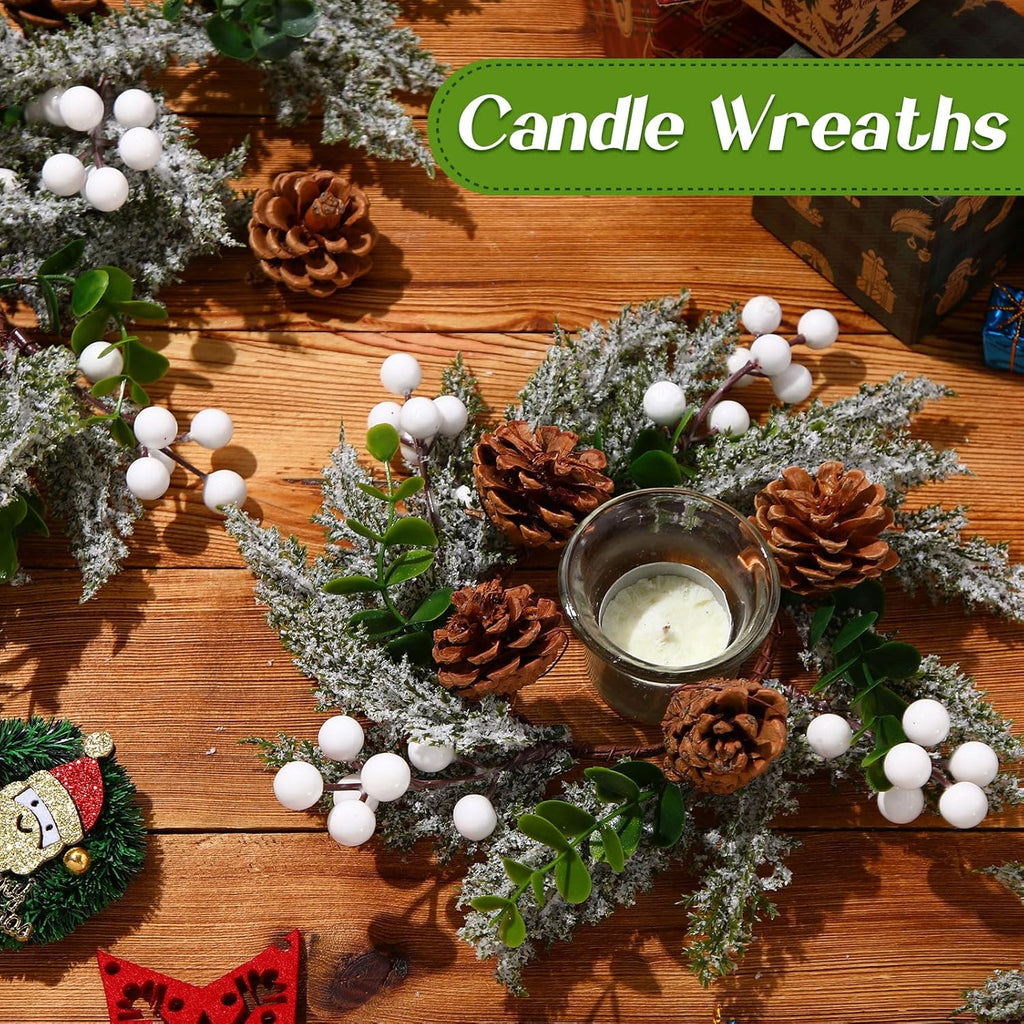Vercraft 8" Christmas Candle Rings - Snowy Pine Garland with White Berries & Pine Cones | Set of 6