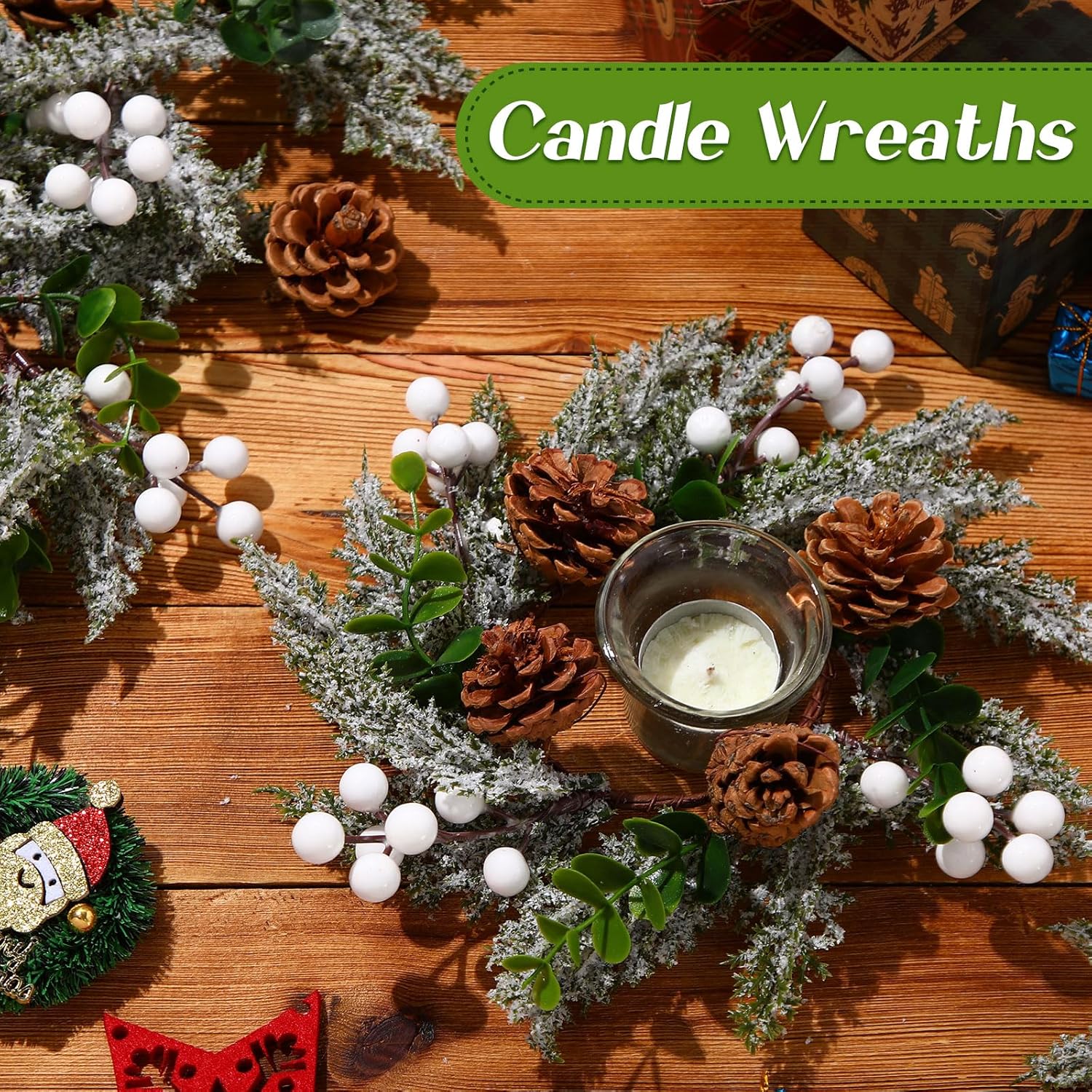 Vercraft 8" Christmas Candle Rings - Snowy Pine Garland with White Berries & Pine Cones | Set of 6