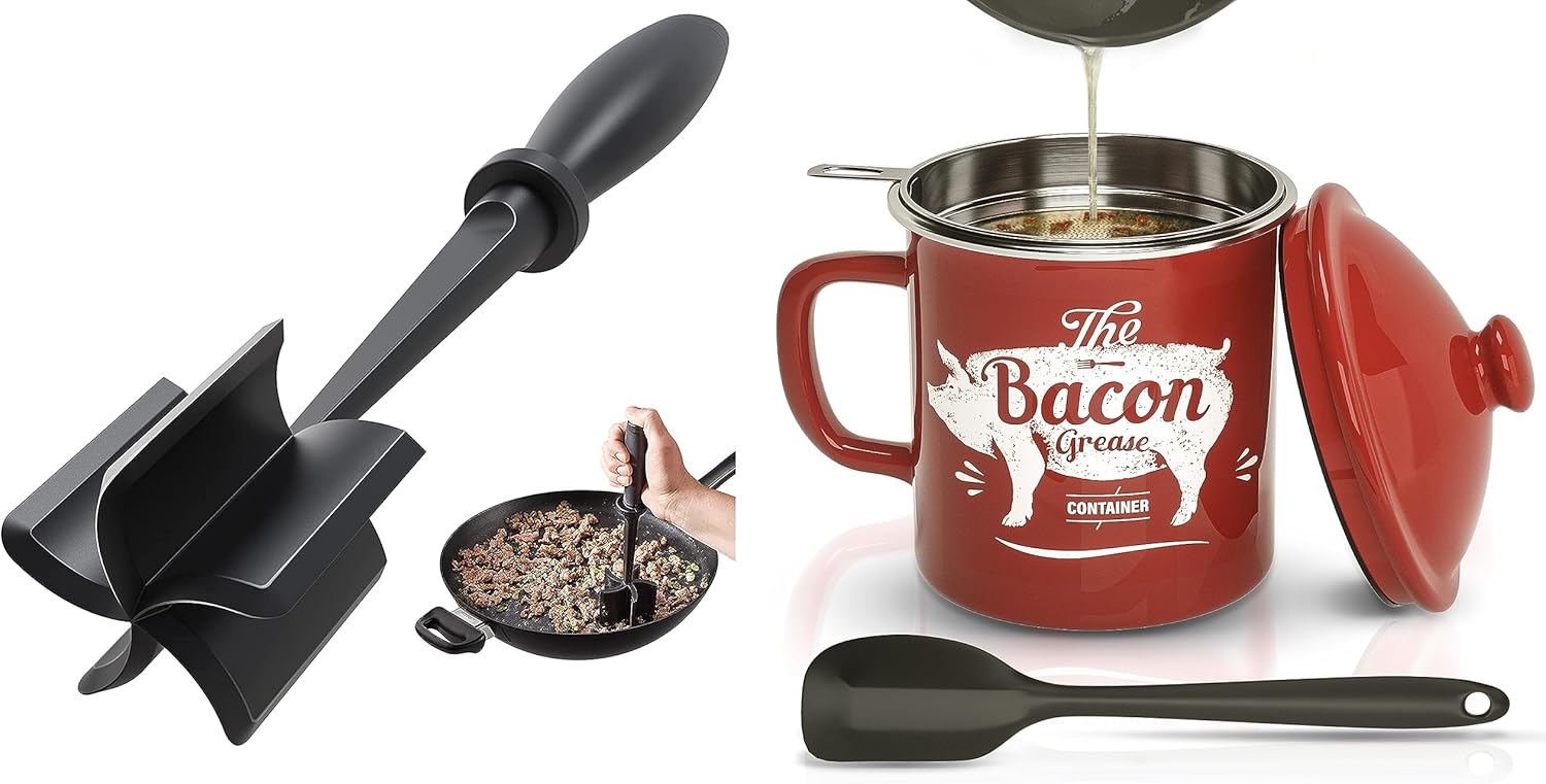 Skiennix Black Meat Chopper & 46oz Red Bacon Grease Container - Durable Kitchen Essential
