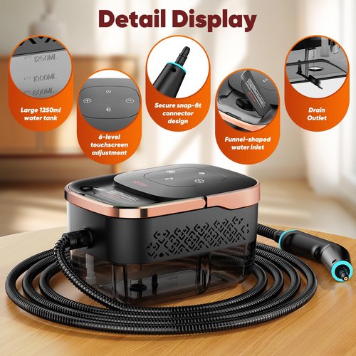 Steam Cleaner, 2500W Heavy Duty Pressurized Handheld Steamer with Built-in 1.32 qt Water Tank & 10 Accessories – for Kitchen, Bathroom, Car, Floors, Furniture, Tile & Windows (Rose Gold)