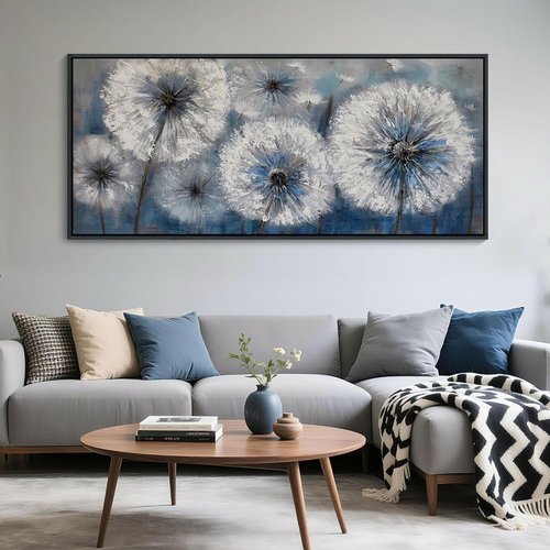Blue Dandelion Canvas Wall Art - Large Modern Floral Print for Living Room & Bedroom Decor