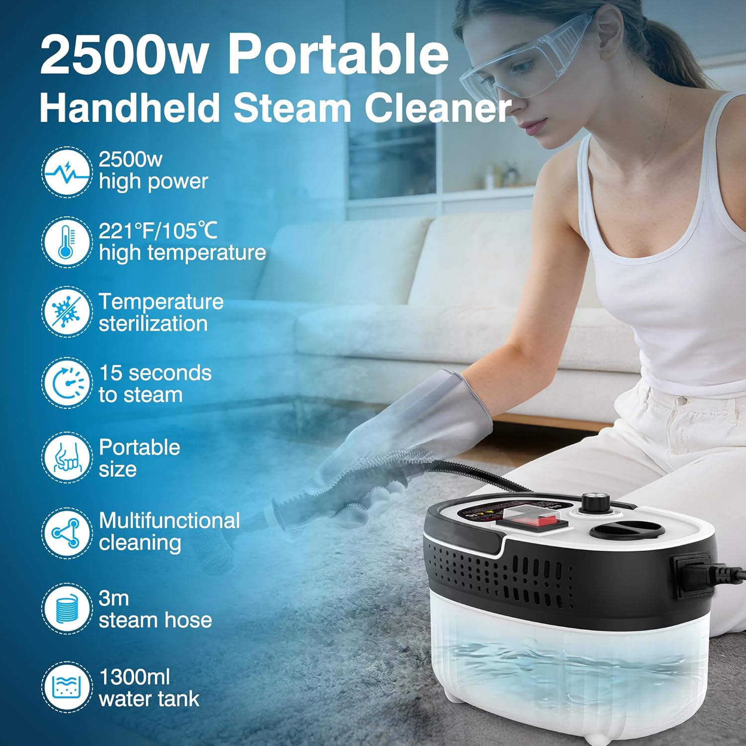 Skiennix Steam Cleaner - 2500W High Pressure Portable Steamer with 6-Level Adjustable Steam & 17-Pcs Kit