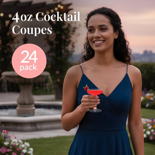 Prestee 24 Clear Plastic Coupe Glasses 4oz - Disposable Plastic Cocktail Cups, Martini Glasses, Margarita Glass, Champagne Glass for Parties, Cinco de Mayo, Taco Party, Weddings Decorations