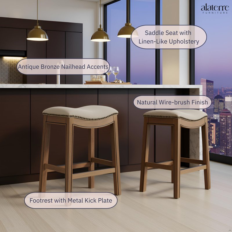 Williston Counter Height Stool – 26” Tall Backless Saddle Seat with Linen-Like Upholstery, Solid Rubberwood Frame in Natural Wire-Brush Finish, Metal Kick Plate & Footrest for Kitchen Island or Bar