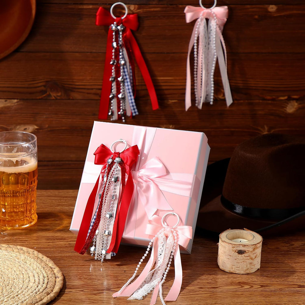 Norme Western Ribbon Boot Bows - 4 Pcs Buffalo Plaid with Glitter Pearl Lace | DIY Shoe Accessories
