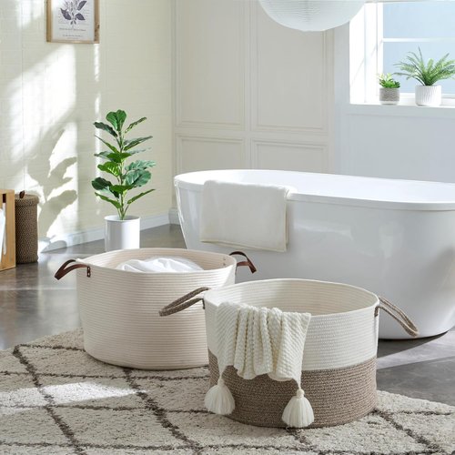 Luxury Nursery Storage Basket - 100% Cotton Rope, Extra Large 22 x 22 x 14 Inches | Off White with Leather Handles for Toys, Blankets & More