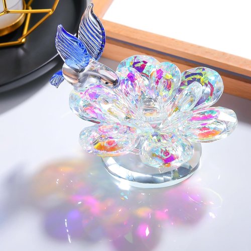 Movdyka Crystal Figurine - Blue Hummingbird Lotus Flower Decor | Sparkling Glass Ornament for Women