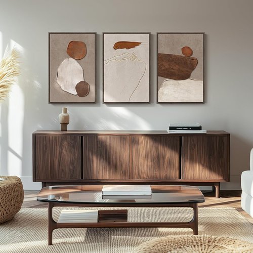 Framed Neutral Abstract Wall Art - 3 Piece Earth Tones Rustic Canvas Prints for Living Room | 16x24 Inch