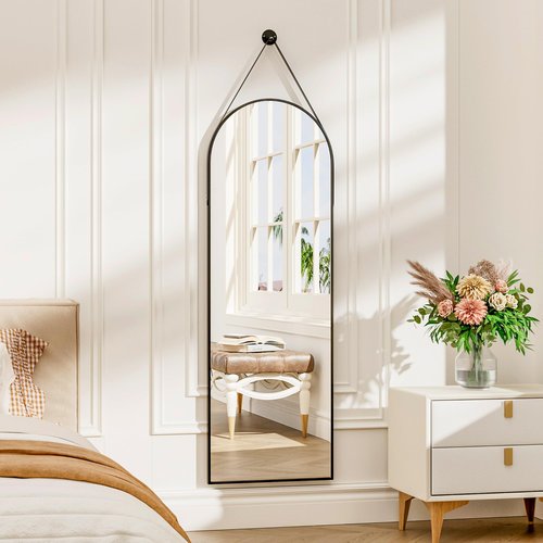 TinyTimes 48"x16" Hanging Mirror with Leather Strap,Arched Full Length Mirror with Aluminum Frame Wall-Mounted Hanging Mirrors for Bathroom Vanity Living Room Bedroom Entryway Décor, Black